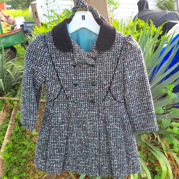 Vtg F W Fischer Wool Dress Coat + Hat Girls Sz 5 Black Tweed Ellerie Fashion